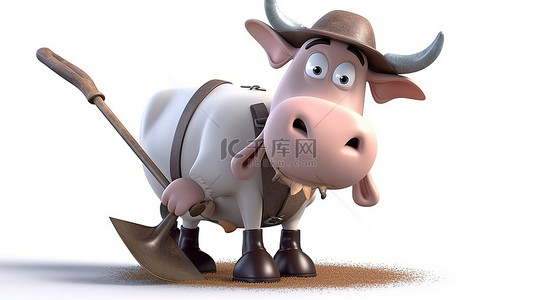 3D 插图中搞笑的农民公牛致力于农业