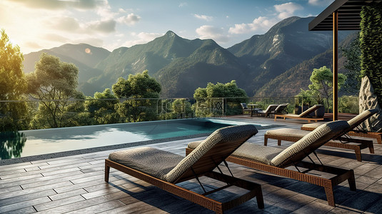 现代风格的山景泳池露台配有藤制家具