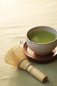 一碗绿色抹茶和一个木桨