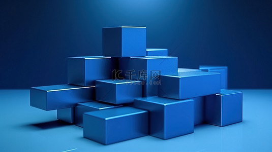 蓝色背景上带有蓝色色调的 3D 几何块集