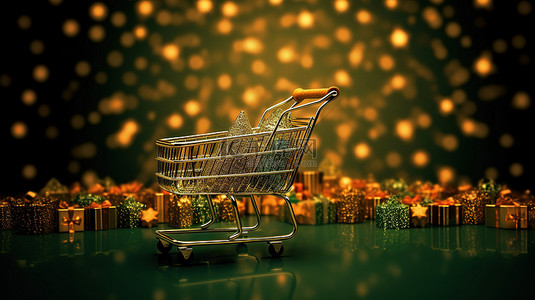 以商业图表为背景的 3D 渲染圣诞树和购物车