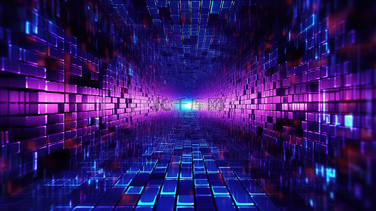 蓝色科技感电脑背景图片_3D 渲染抽象数据概念矩阵背景，带有蓝色和紫色输液，用于编码或黑客攻击