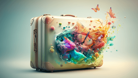 拿行李的女孩背景图片_旅游行李箱梦幻蝴蝶背景