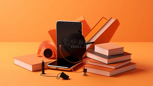 教育手机背景图片_浅橙色背景下的 3D 毕业帽书籍和手机在线教育