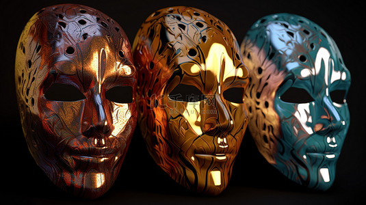 3d 面具和充满活力的色调的三重奏