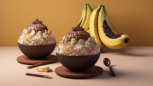 水果，好吃的背景图片_清爽的夏日甜点 3d 卡通风格的韩国巧克力香蕉 bingso 刨冰
