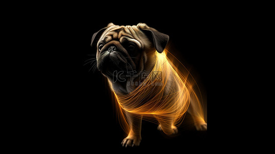 狗抽象背景图片_3D 渲染抽象哈巴狗动物主题设计元素，为宠物爱好者隔离在黑色背景