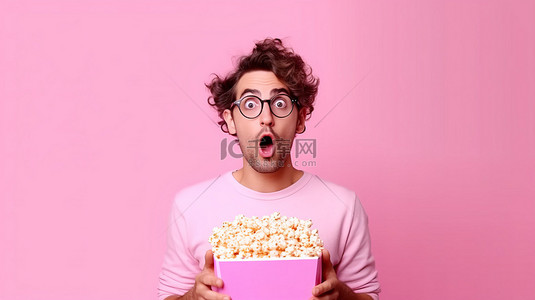帅哥证件照背景图片_惊悚片中年轻人抓着爆米花盒惊奇地看着电影，在粉红色的孤立背景下戴着 3D 眼镜