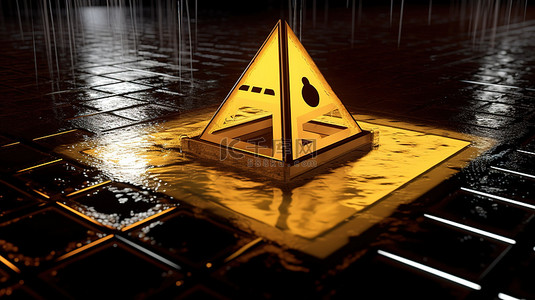 带有 tron 主题湿地板警告和加密货币警报的黄色警告标志的 3D 插图渲染