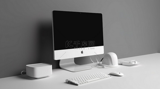 带有白色计算机的简约桌面的时尚 3D 渲染