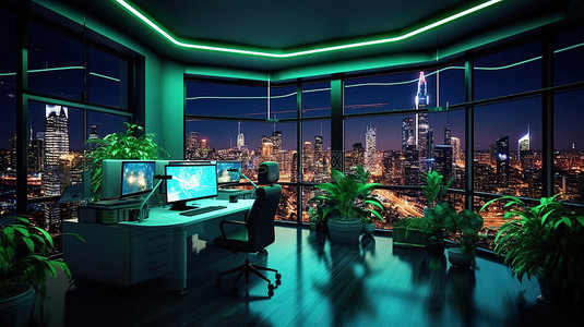 令人惊叹的科幻风格办公室设计，拥有充满活力的绿色植物墙和令人惊叹的城市景观沉浸式 3D 渲染