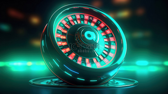 3D 渲染逼真的轮盘赌轮，带有黑色和霓虹灯背景的免费旋转优惠券