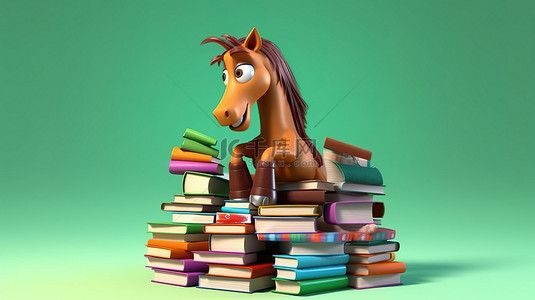 特图背景图片_被一堆书包围的异想天开的马形象