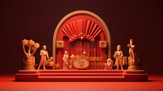 红色窗帘用 3D 再现的电影院装饰装饰了舞台