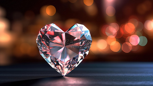 钻石红背景图片_抽象散景背景上心形钻石的 3D 渲染
