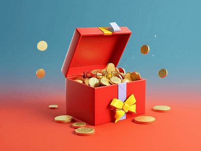 漂浮金币3d立体红色礼盒节礼日广告背景