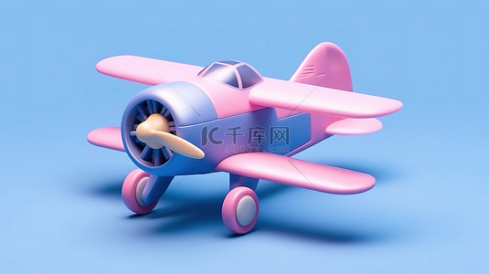 蓝色背景 3D 渲染图像中儿童粉色塑料双翼飞机玩具的模型