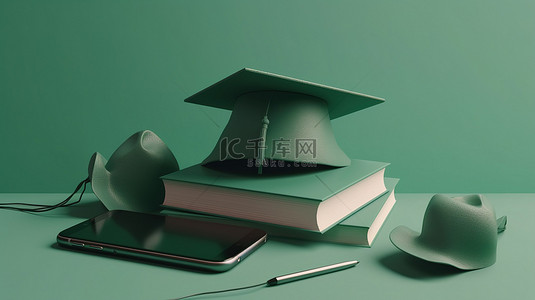 浅绿色背景中 3d 渲染的在线教育概念毕业帽书籍和手机