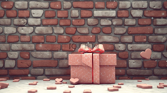 礼物盒框架背景图片_华丽礼品盒的特写 3D 渲染，带有心形装饰和心形标签，靠在砖墙上，带有空白框架