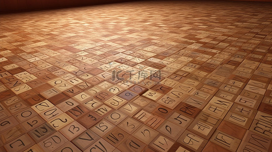 3d 渲染中带有大量字母瓷砖的木镶木地板