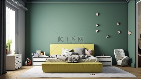 现代青少年卧室配有宽敞的床和 3D 渲染的模拟墙海报