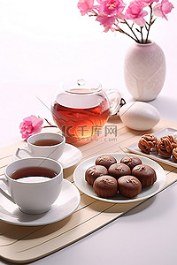 白桌上的中国茶和小吃
