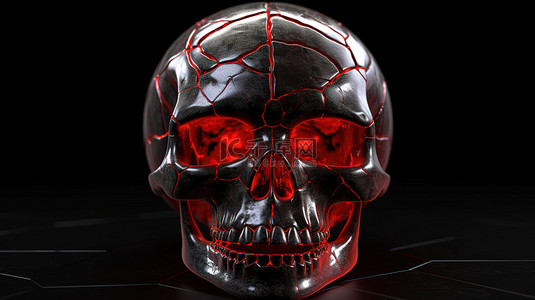 3D 渲染的头骨，背景下有发光的红眼睛