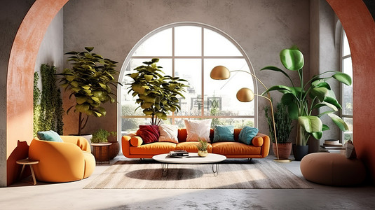 充满活力的室内空间，配有拱门沙发扶手椅水磨石地板和郁郁葱葱的绿色植物 3D 渲染