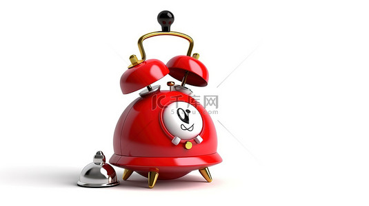 一个可爱的闹钟吉祥物的 3d 渲染在白色背景上响起服务铃