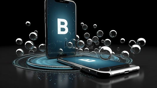3d 渲染中的分散概念 b 硬币，背景上的手机描绘了区块链技术