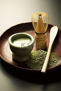 木勺调料背景图片_这个抹茶碗由绿色燕麦酱和木勺组成