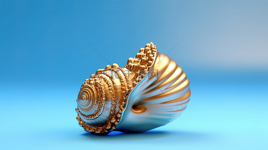 柔和的蓝色背景下金色贝壳雕塑的 3D 渲染