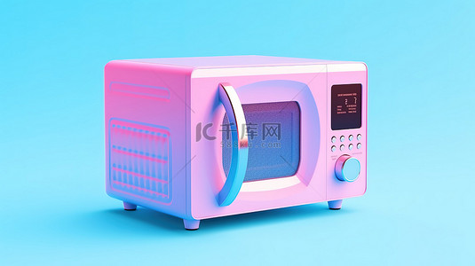 粉色背景以引人注目的 3D 渲染展示双色调蓝色现代微波炉