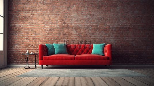 空房间地毯背景图片_充满活力的红色沙发和枕头辅以豪华地毯和木地板 3D 渲染