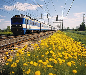 火车铁轨背景图片_一列火车沿着草地附近的铁轨行驶