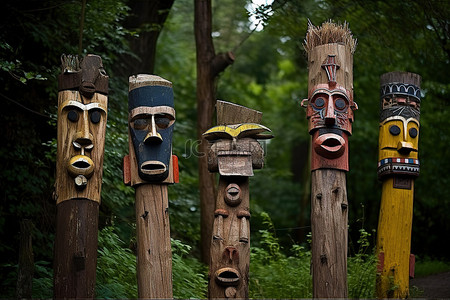 传统龙柱背景图片_野外树林中的一组木制图腾柱