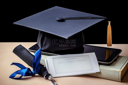 蓝电脑背景图片_文凭和蓝丝带文凭旁边的电子平板电脑