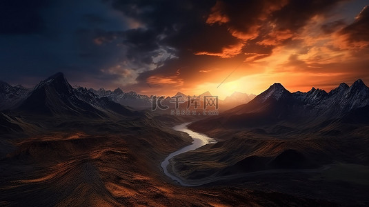 戏剧性的日落期间高海拔山脉的令人惊叹的 3D 渲染背景
