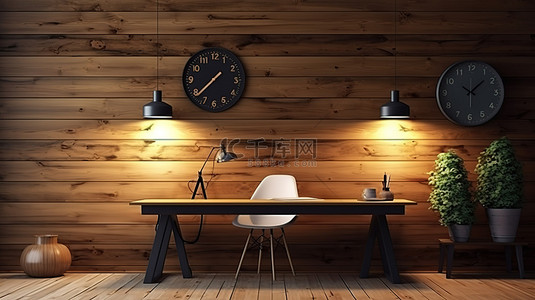 家具元素背景图片_时尚的木质办公桌，配有装饰元素和充足的复制空间，在夜间氛围下，别致的木墙 3D 渲染