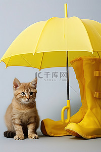雨伞旁边的猫，带着雨靴和雨伞