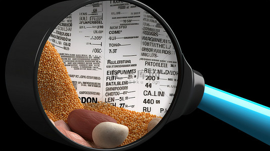 食物蛋白背景图片_高蛋白饮食概念放大镜放大 3D 插图中的蛋白质标签