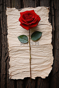 红玫瑰背景背景图片_一朵大红玫瑰，在木纸上写上一张纸条