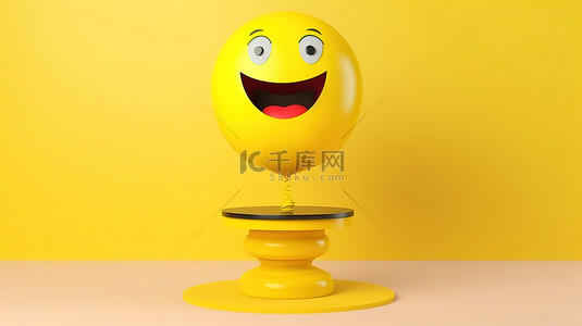 3d 讲台上有一张兴奋的表情符号脸和漂浮在背景中的表情气球