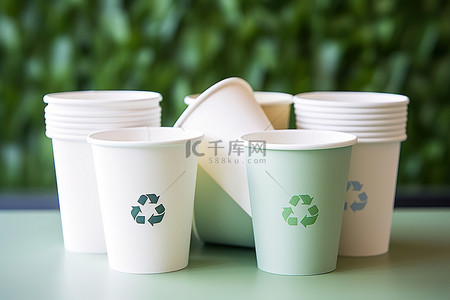 环保标志纸杯背景图片_四个不同的纸杯，带有回收标志