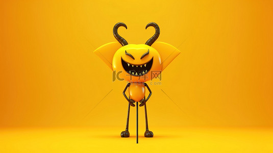 恶毒的魔鬼心卡通吉祥物，带有干草叉角和尾巴，黄色背景象征着邪恶的爱 3D 渲染