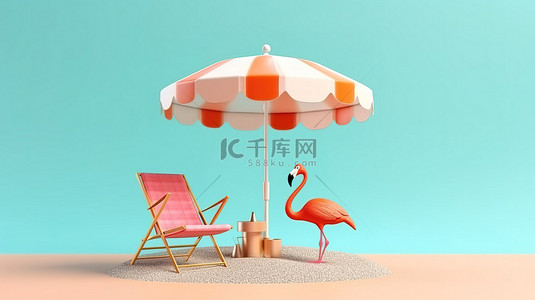 充满活力的夏日氛围，配有火烈鸟浮伞人字拖和沙滩椅 3D 插图，并具有充足的复制空间