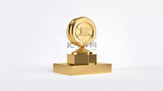 庆祝胜利背景图片_白色背景 3D 渲染上庆祝健身成就的金色哑铃重量奖杯