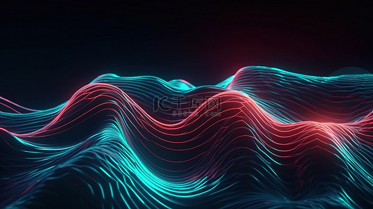 3D 波浪表面上的霓虹波纹抽象动态背景