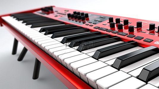 3D 渲染红色 midi 键盘合成器的特写，白色背景上带有合成键