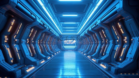 未来中心背景图片_冷蓝光照亮的 3D 插图未来飞船走廊